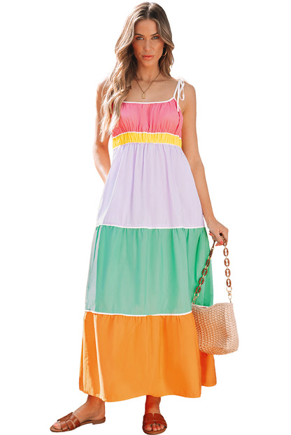 Multicolour colorblock zelfblokken riemen hoge taille flowy maxi-jurk met zakken