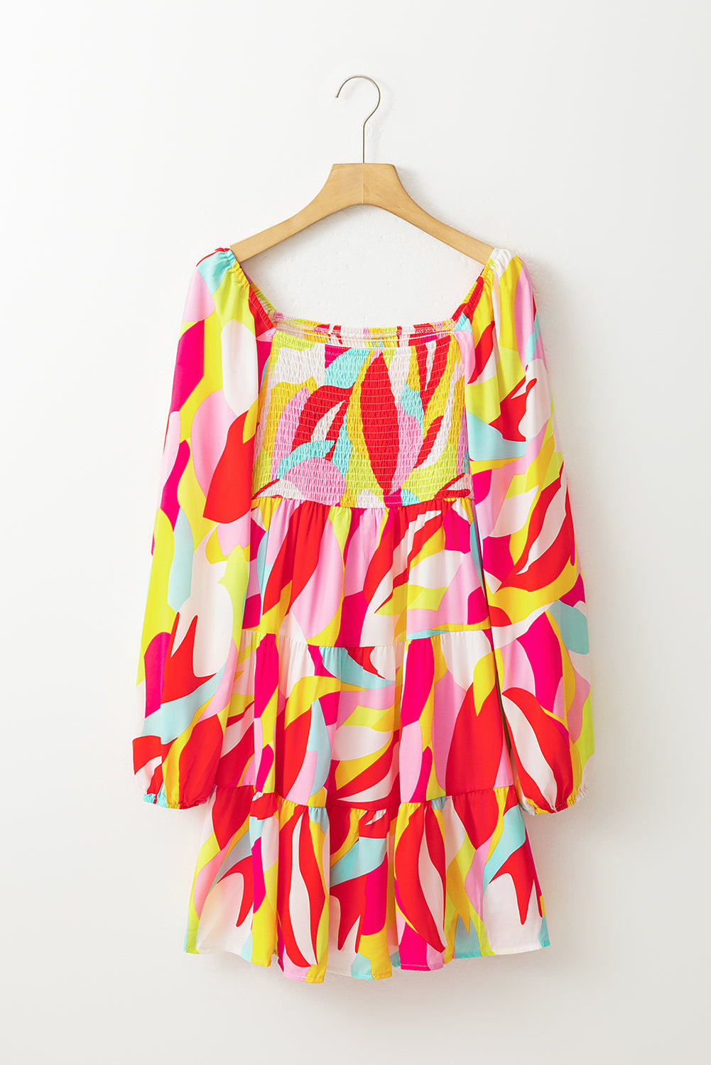 Multicolor Abstract Print Puff Sleeve Smocked Square Neck Dress