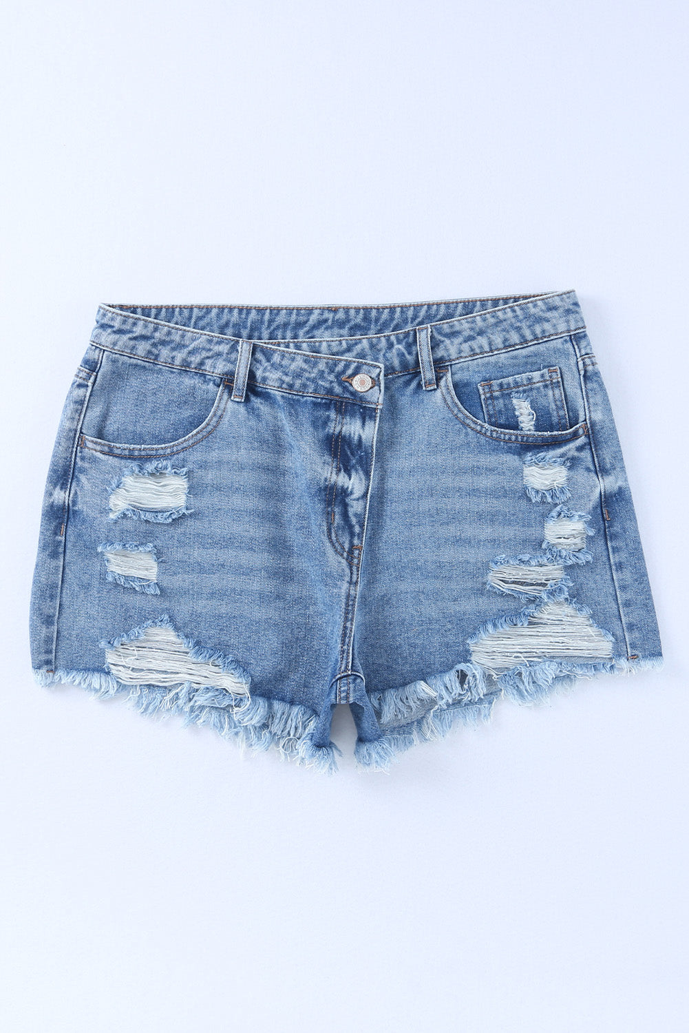 Hemelsblauwe denim shorts met hoge taille en gekruiste taille