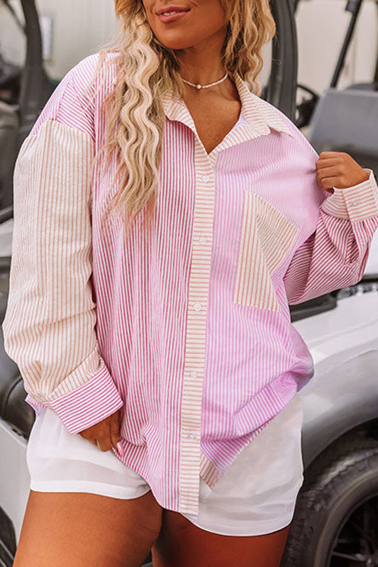 Roze strepenprint colorblock plus size shirt