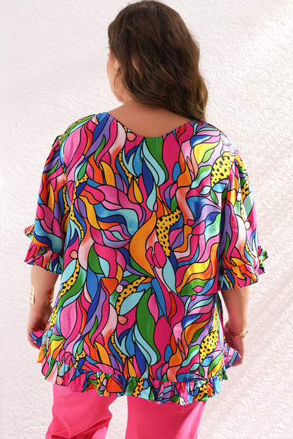 Roze abstracte print plus maat blouse met ruches