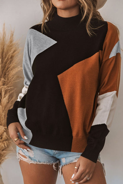 Oranje kleurblok Mock Neck Drop schouder gebreide trui