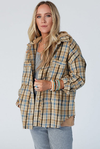 Ashleigh Blue Waffle Breid Patchwork Hooded Plaid Shacket