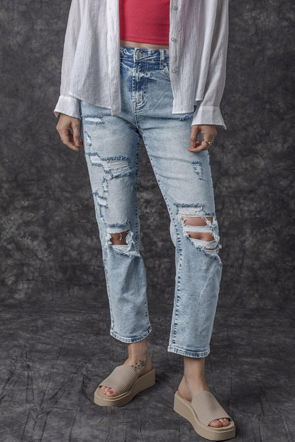 Hemelsblauwe, lichte wassing, gerafelde slim-fit jeans met hoge taille