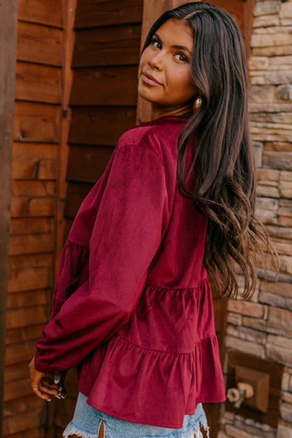 Burgundy Corduroy Ruffle Tiered Buttoned O Neck Shirt