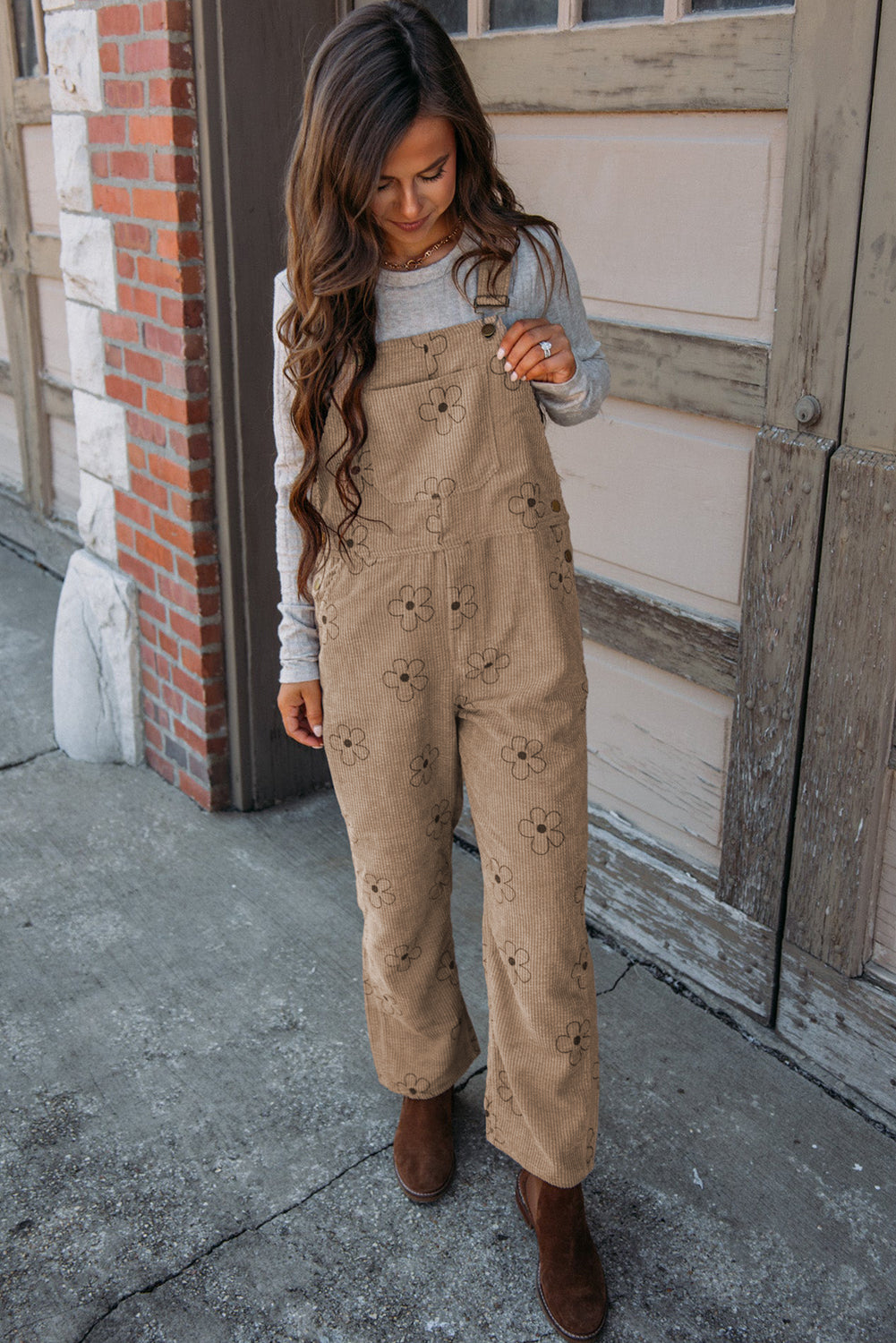 Kaki corduroy overall met bloemenprint