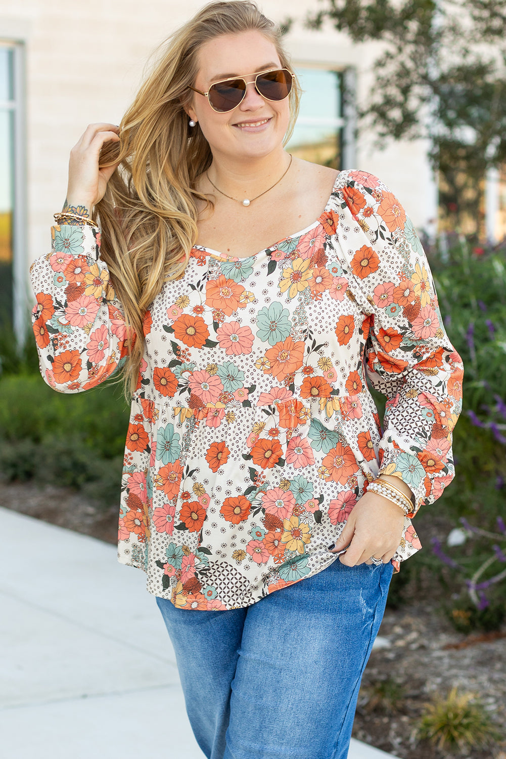 Kaki plus size bloem print vierkante nek peplum blouse