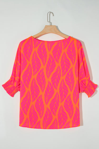 Blouse met gesmokte mouwen en pofmouwen met tropische bladprint