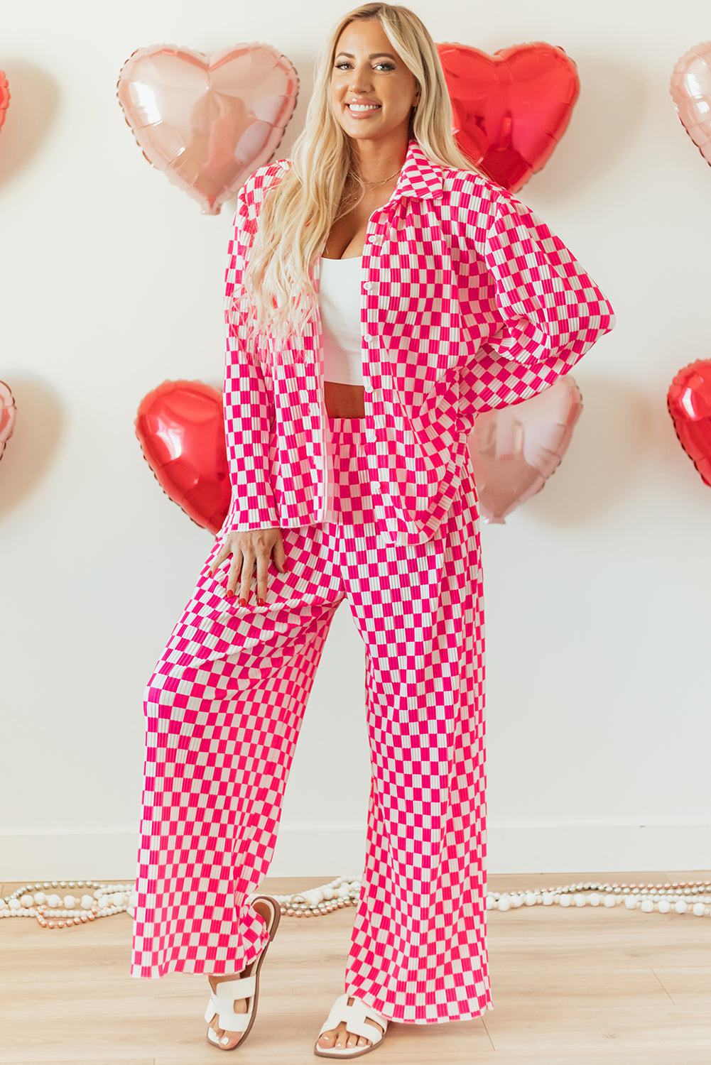 Pink Checkered Buttoned Shirt and High Waist Pants Pajama Set