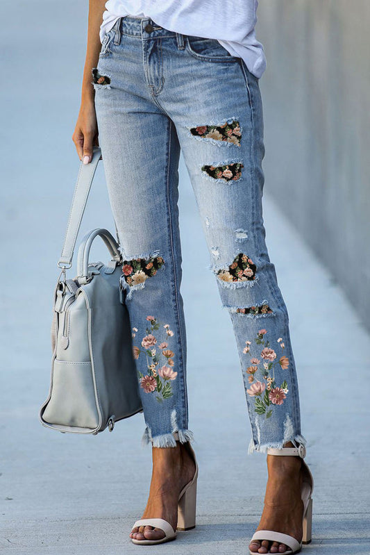 Hemelsblauw gescheurde skinny jeans met print en patch