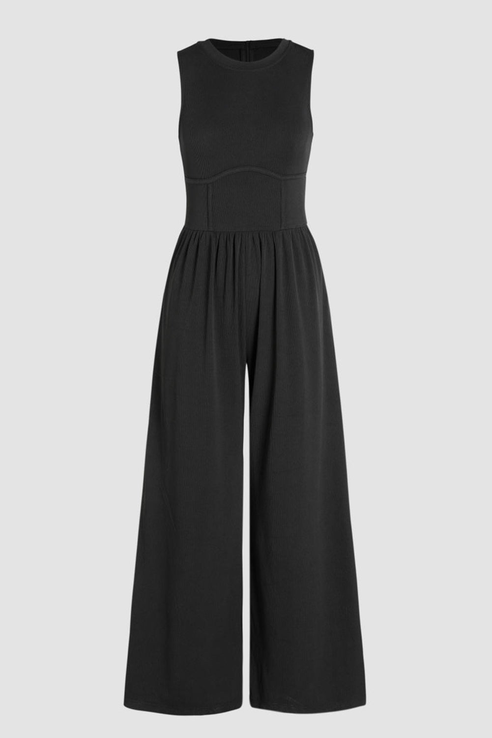 Zwarte mouwloze jumpsuit met wijde pijpen en geplooide taille