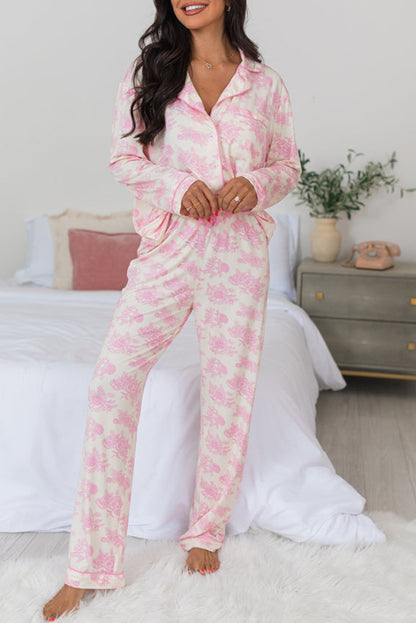 Roze bloemen lange mouw en broek pyjama's set