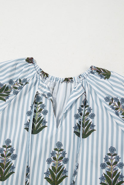 Beau Blue Striped Floral Printed Long Sleeve Tied V Neck Blouse