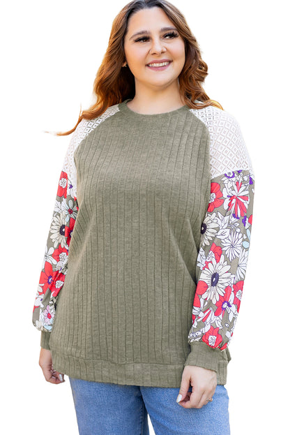 Wijngaardgroen Plus Size Getextureerde Bloemen Patchwork Raglan Mouw Blouse