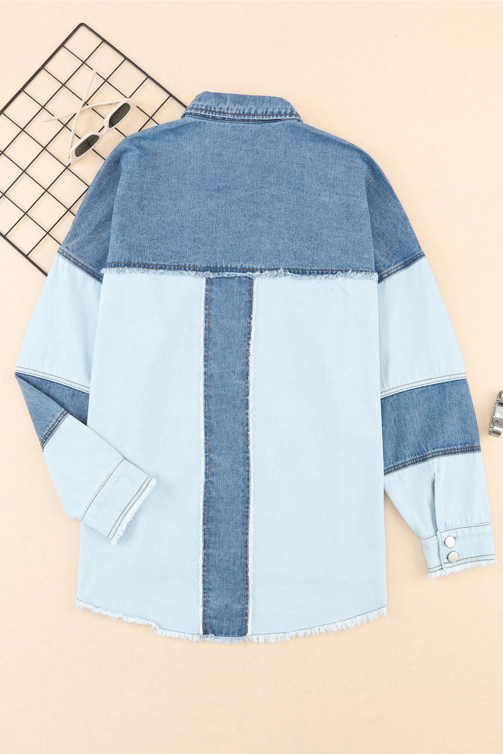 Blauw kleurblok gerafeld oversized denim jack met patchwork