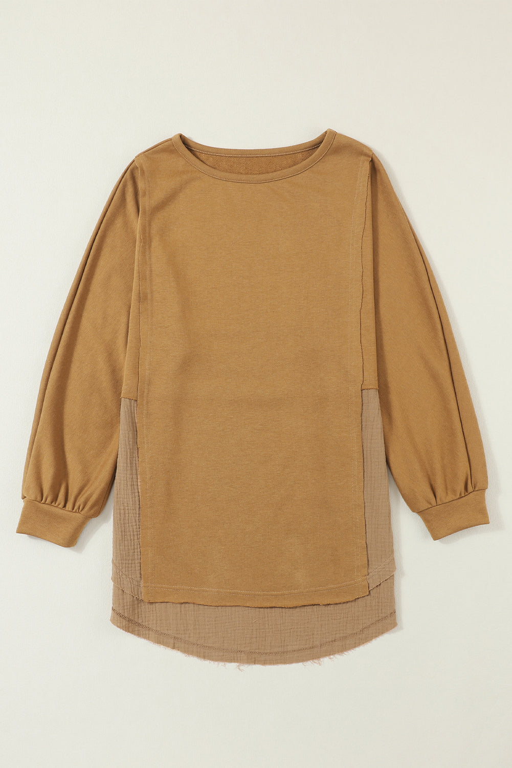 Camel gekreukelde splitsen ruwe zoom hoge lage oversized blouse