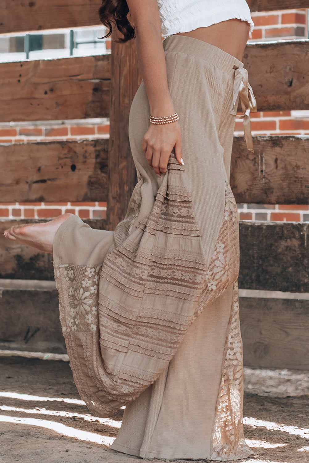 Smoke Gray Boho Lace Patchwork Wide Leg High Waist Pants