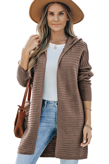 Brown Horizontal Rib Knitted Open Front Hooded Cardigan