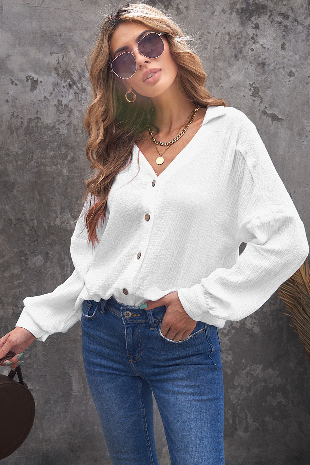 White Turn-down Collar V Neck Crinkled Cuffed Shirt