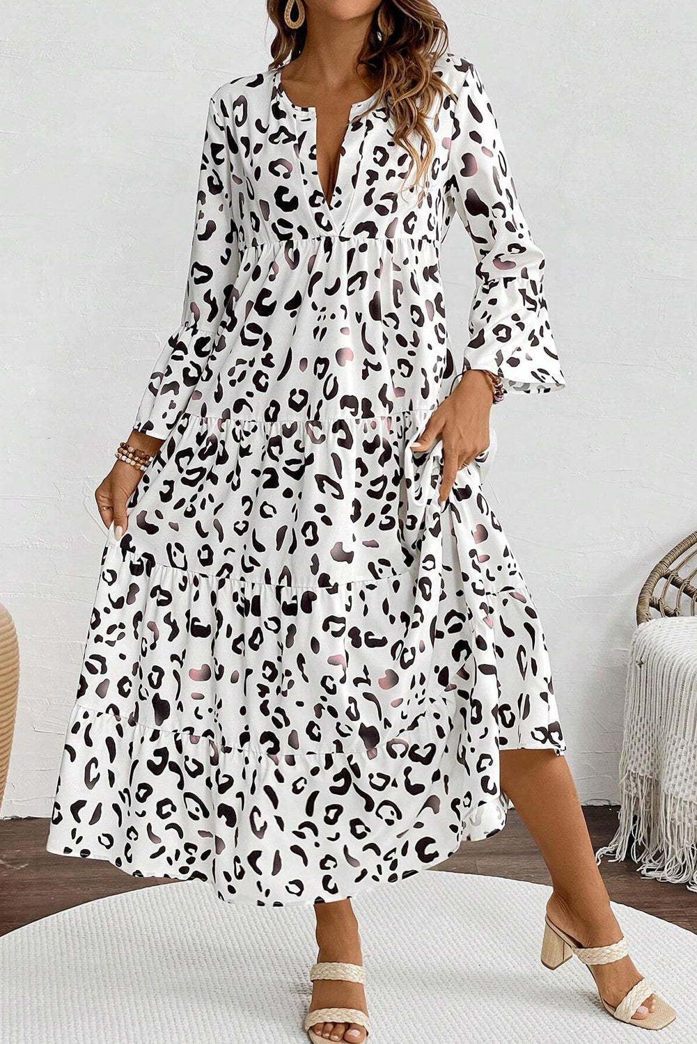 Witte luipaardprint Notch V nek losse fit maxi -jurk