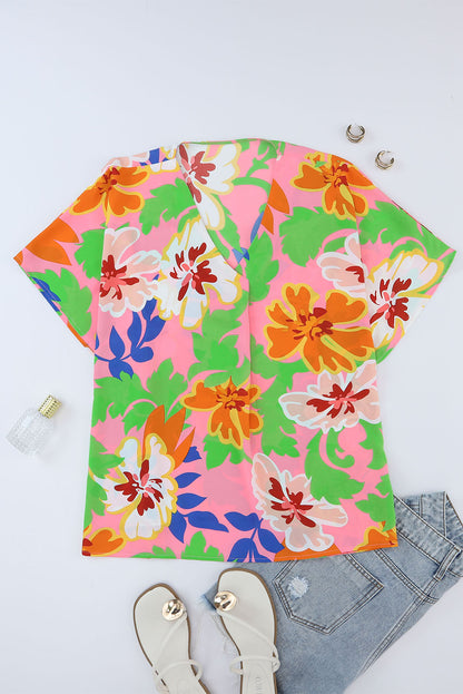 Roze bloemenprint losvallende tuniekblouse met V-hals