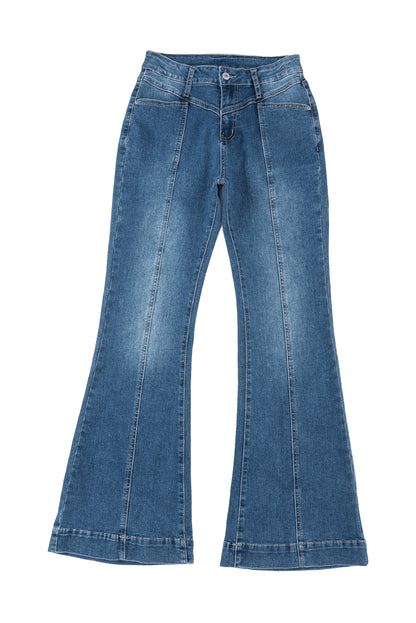 Blauwe zakflare-jeans met hoge taille en stiksels