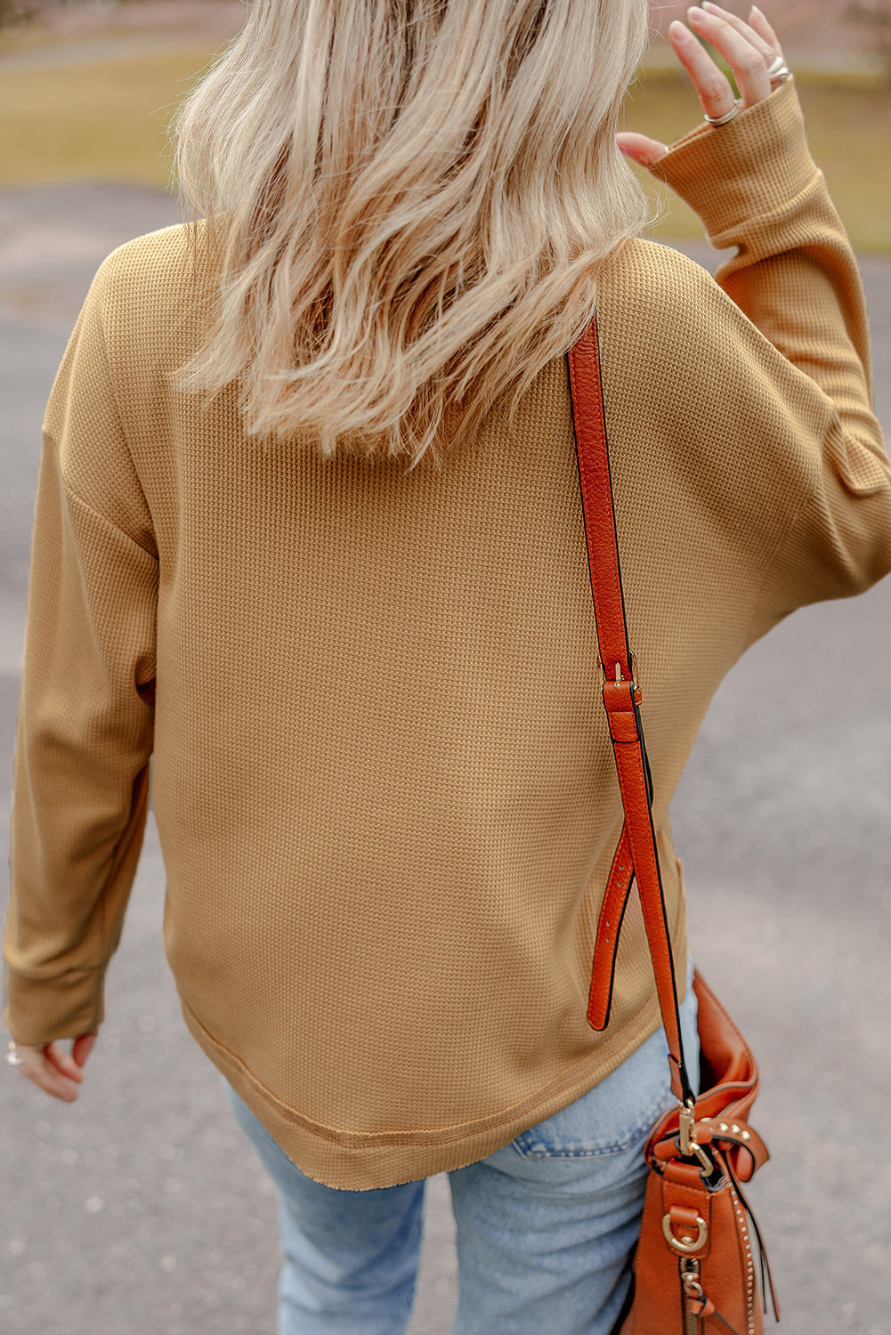 Camel Textured Knit Half Button Drop Shoulder Oversized Top