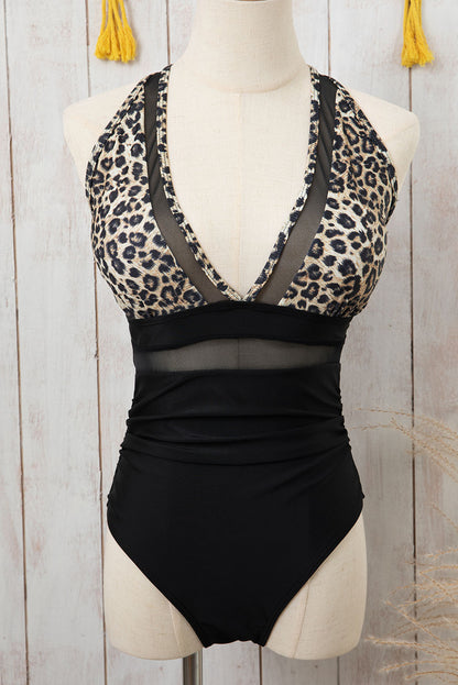 Bruine luipaard mesh inzetstuk met V-hals en hoge taille Monokini