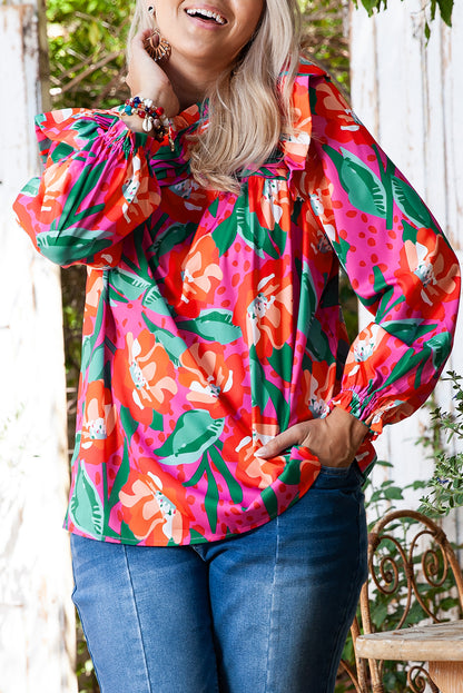 Roze bloemenprint geplooide ruches O-hals plus maat blouse