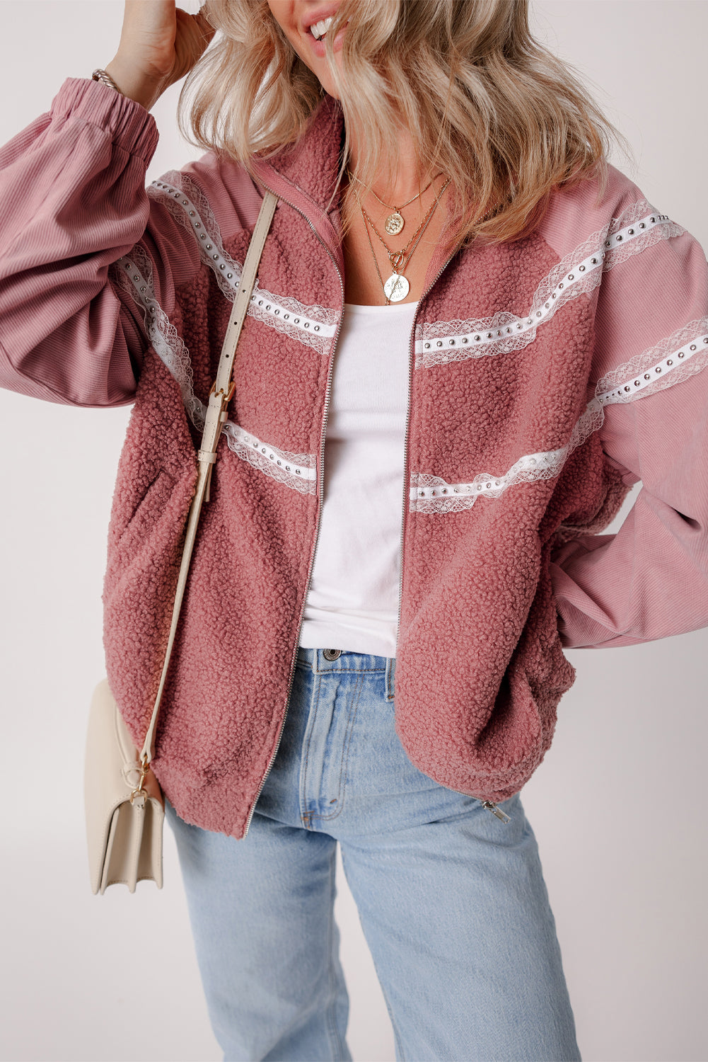 Roze sherpa patchwork kanten elastische manchetten ritsjack