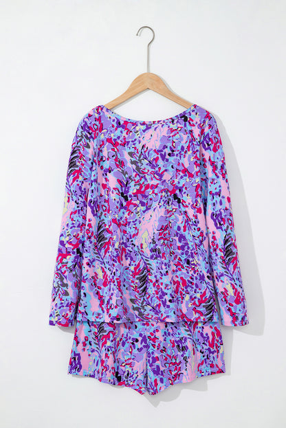 Purple Floral Long Sleeve Top and Drawstring Shorts Set