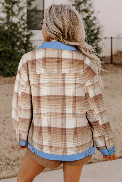 Licht Frans beige plaid patchwork flap detail knop omhoog shacket