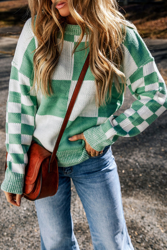 Mint Green Checkered Print Drop Shoulder Sweater