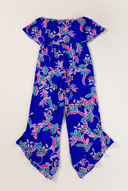 Blauwmix strapless jumpsuit met ruches en tropische print