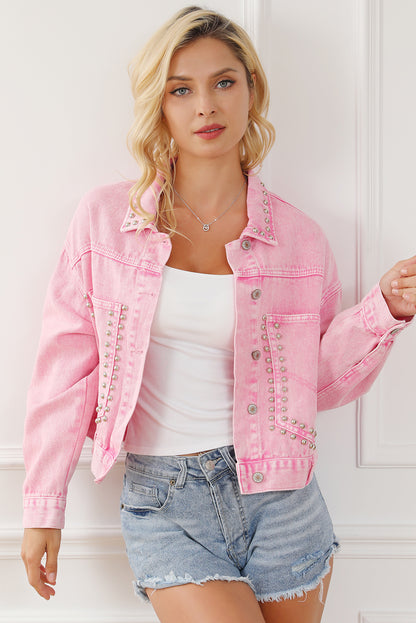 Roze denim jack met klinknagels en studs