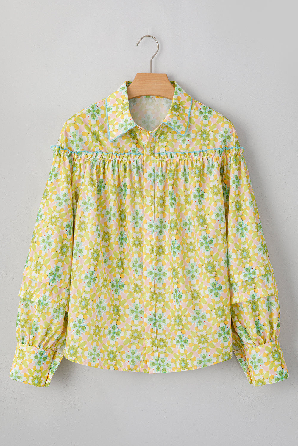 Green Boho Floral Print Frilly Detail Puff Sleeve Shirt