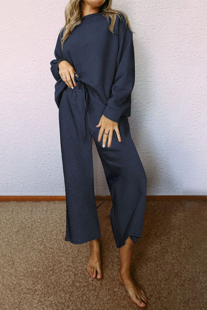 Marineblauwe ultra losse getextureerde 2-delige slouchy outfit