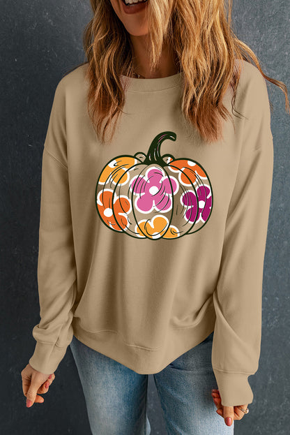 Khaki Halloween Floral Pumpkin Grafische Drop Schouder Sweatshirt