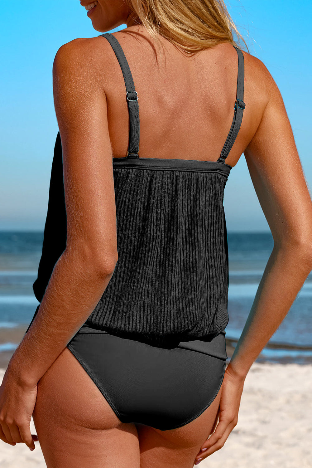 Zwart gestreept tankini-badpak met geknoopte zoom en mesh