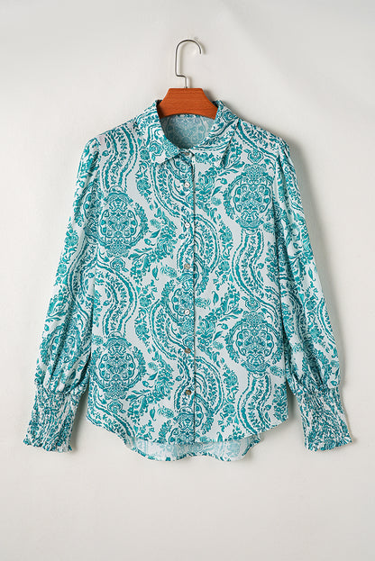 Green Paisley Print Smocked Cuff Buttoned Loose Shirt