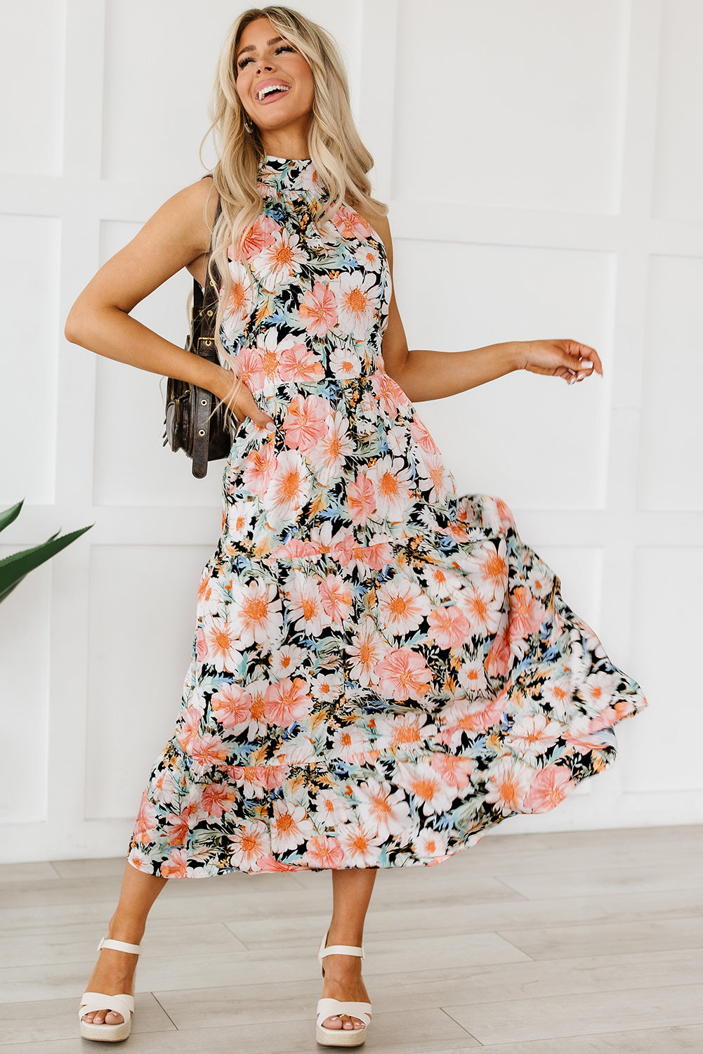 Zwarte Boho bloemenprint geknoopte halter maxi-jurk met ruches