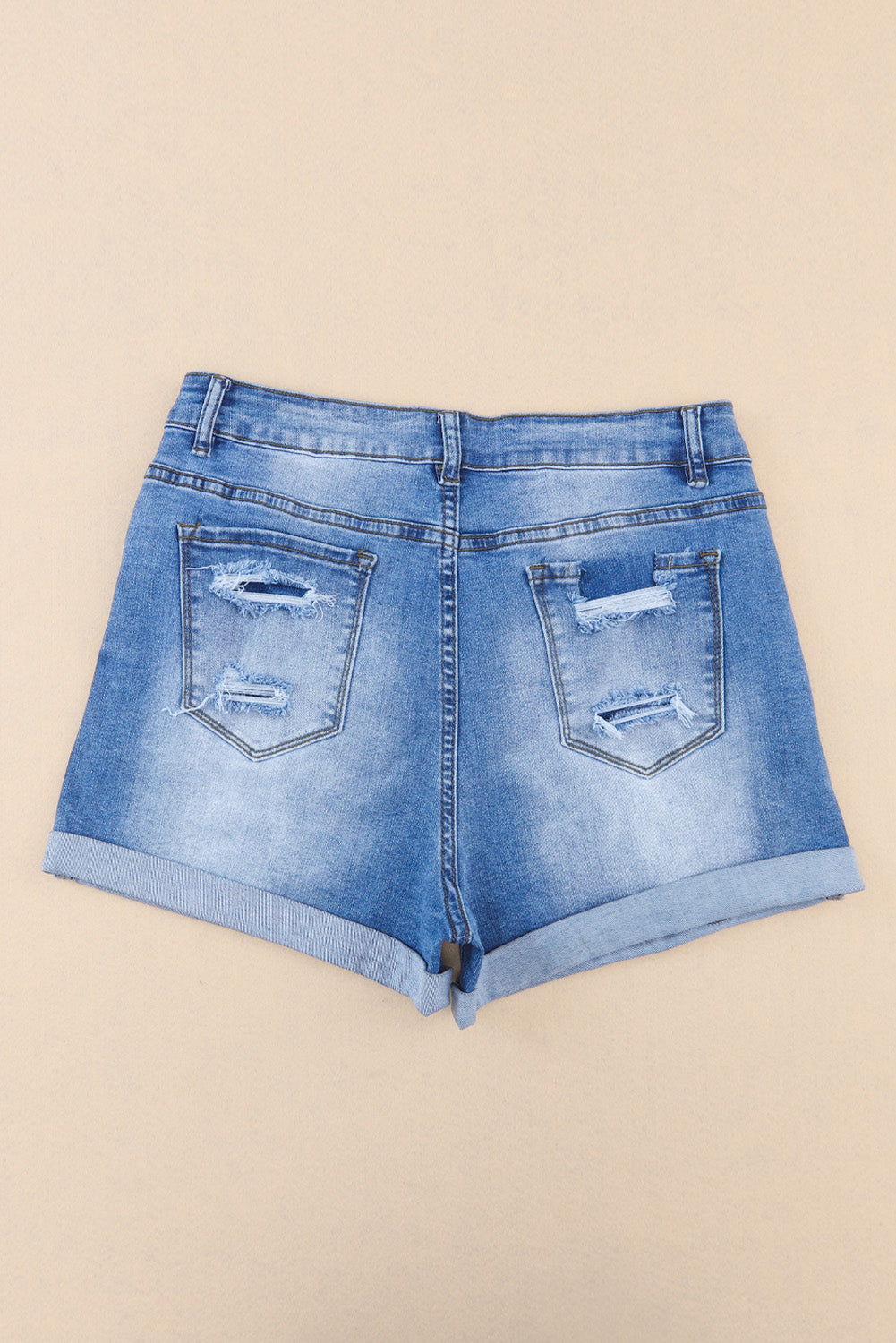 Hemelsblauwe vintage noodlijdende denim shorts met hoge taille en zakken