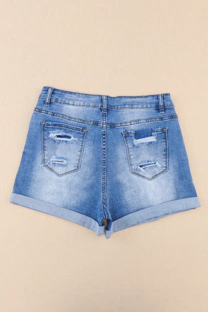 Hemelsblauwe vintage noodlijdende denim shorts met hoge taille en zakken