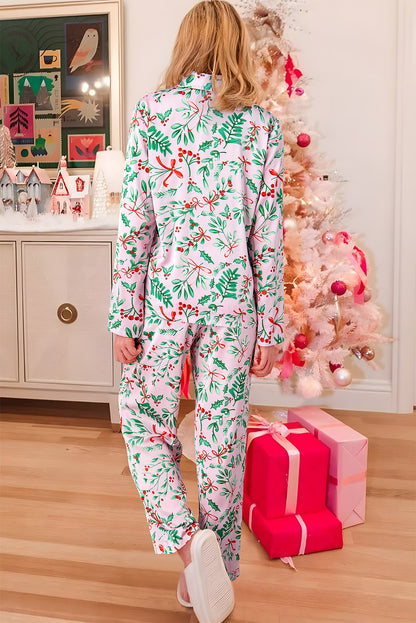 Roze kerstbessen plantenprint satijn pyjama met lange mouwen pyjama set