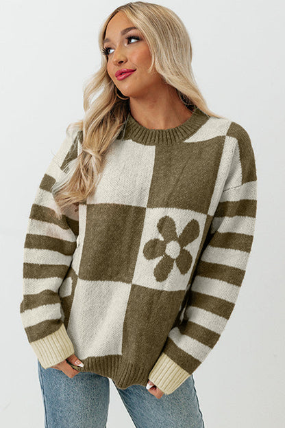 Green Checkered Floral Print Striped Sleeve Sweater