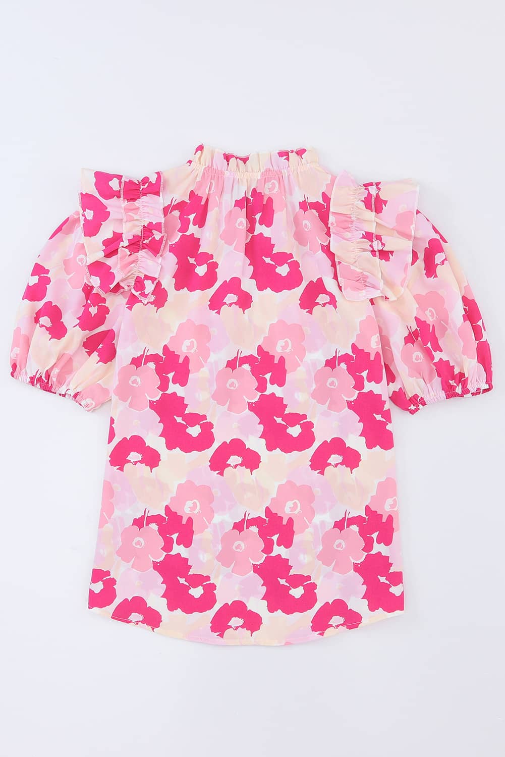 Pink Split Neck Ruffled Puff Sleeves Floral Top