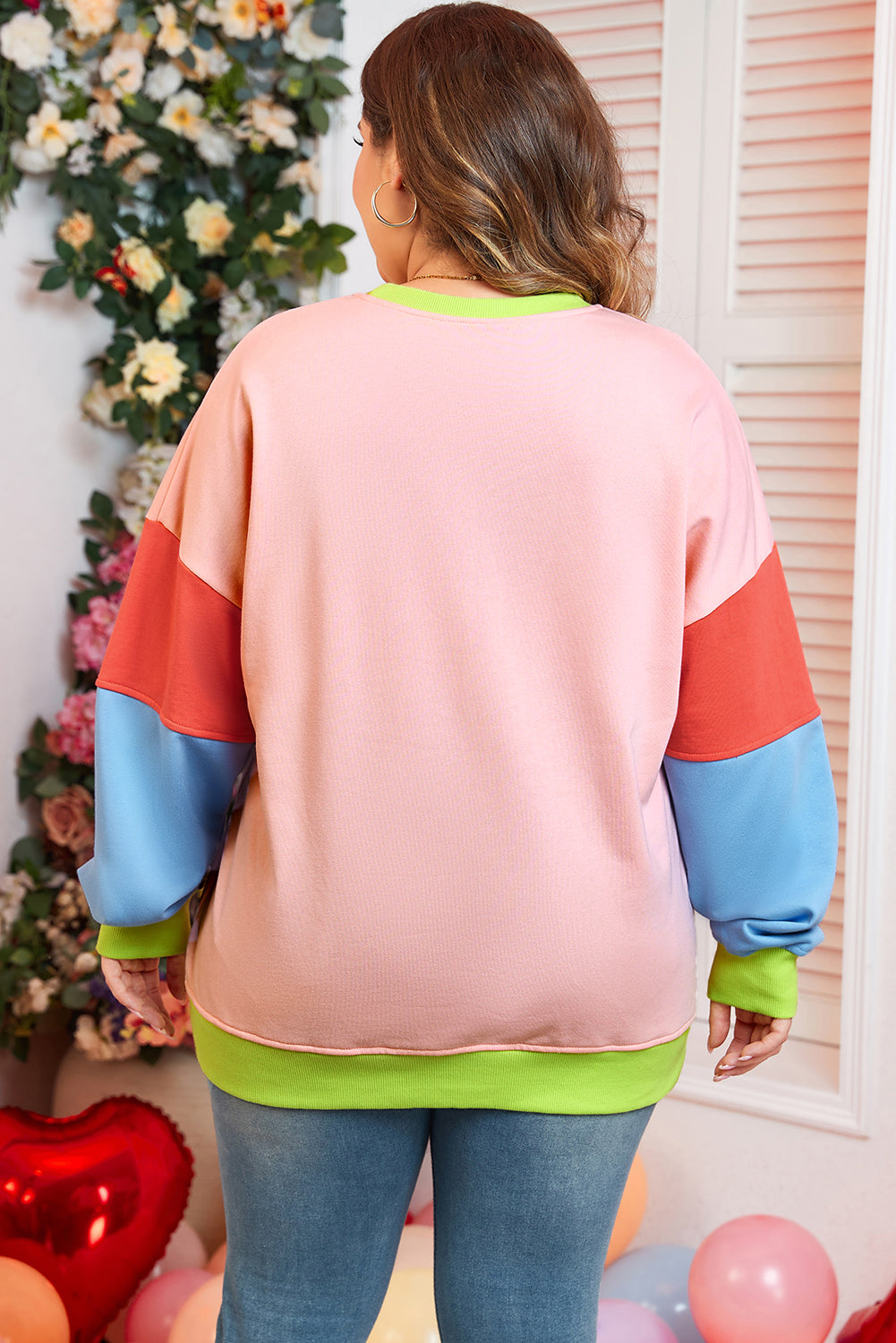 Lichtroze grote maten colorblock sweatshirt met patchwork en ronde hals