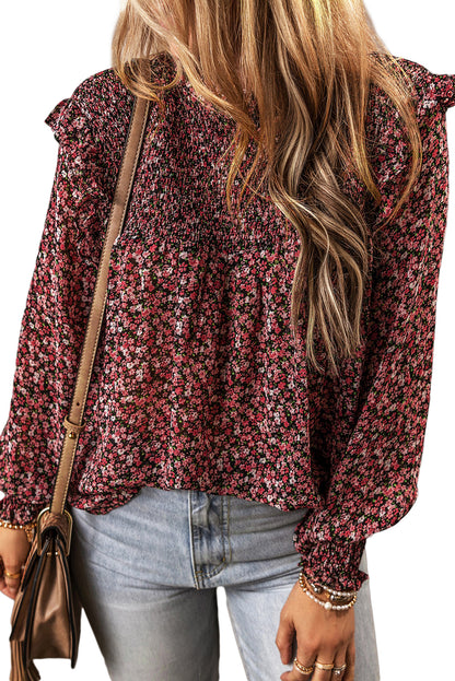 Vurige rode ditsy bloemen gesmokte blouse met ruches en lange mouwen