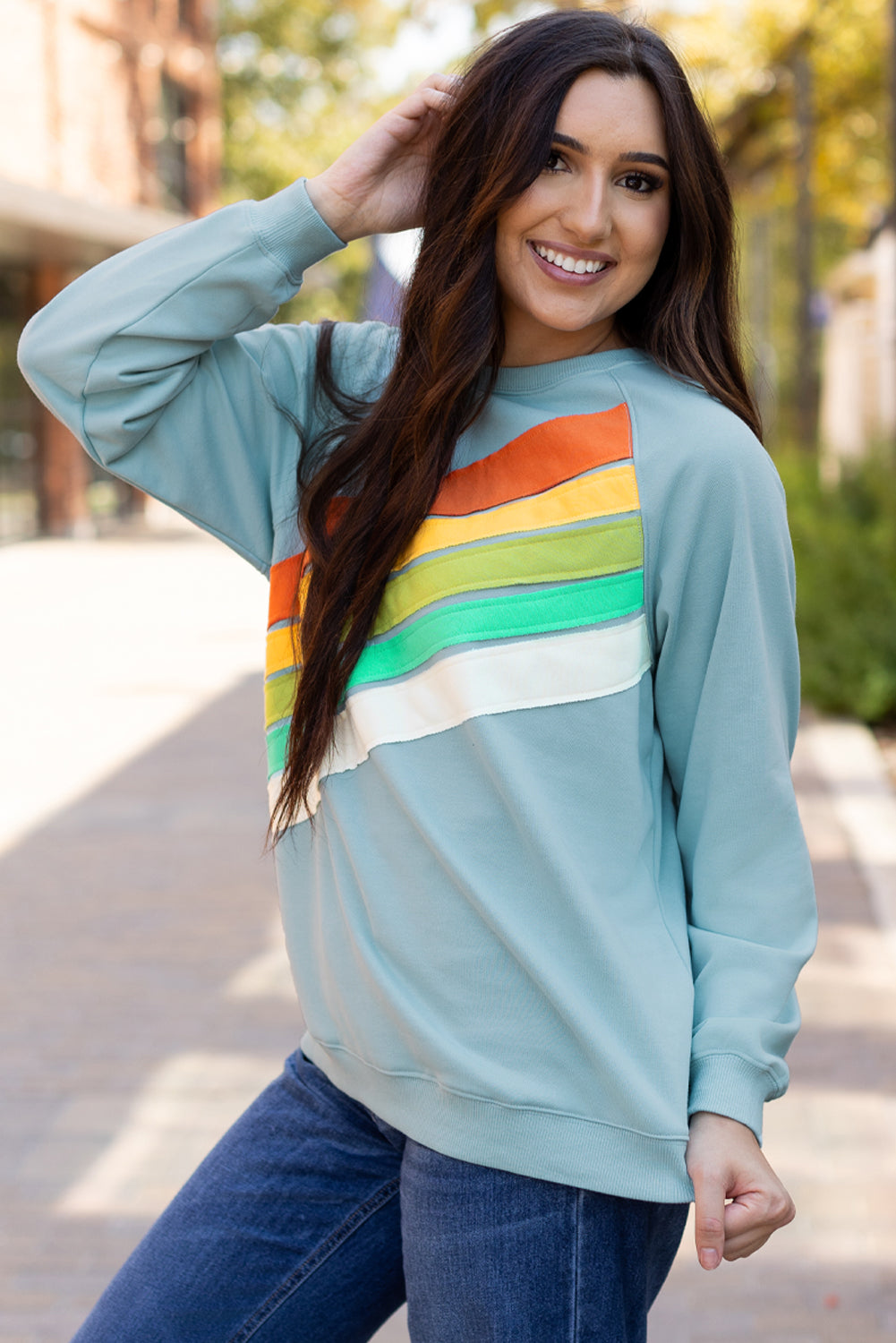 Black Rainbow Colorblock Striped Pullover Sweatshirt