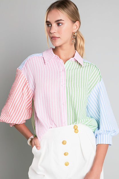 Pink Stripe Color Block Balloon Sleeve Buttoned Loose Fit Shirt